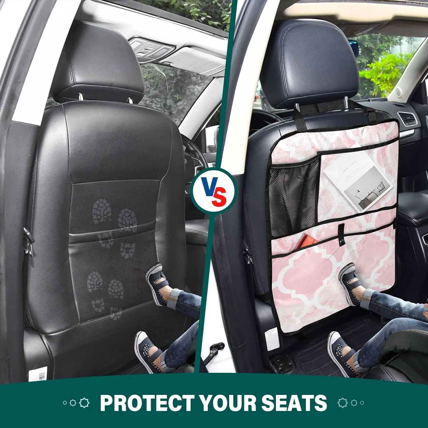 1 PC Automotive Seat Back Protectors, Car Backseat Kick Mats Organizer Tablet Cup Storage Holder Multi-Pocket Accessories Marble Moroccan Tiles Seamless Geometric Pattern White Lines