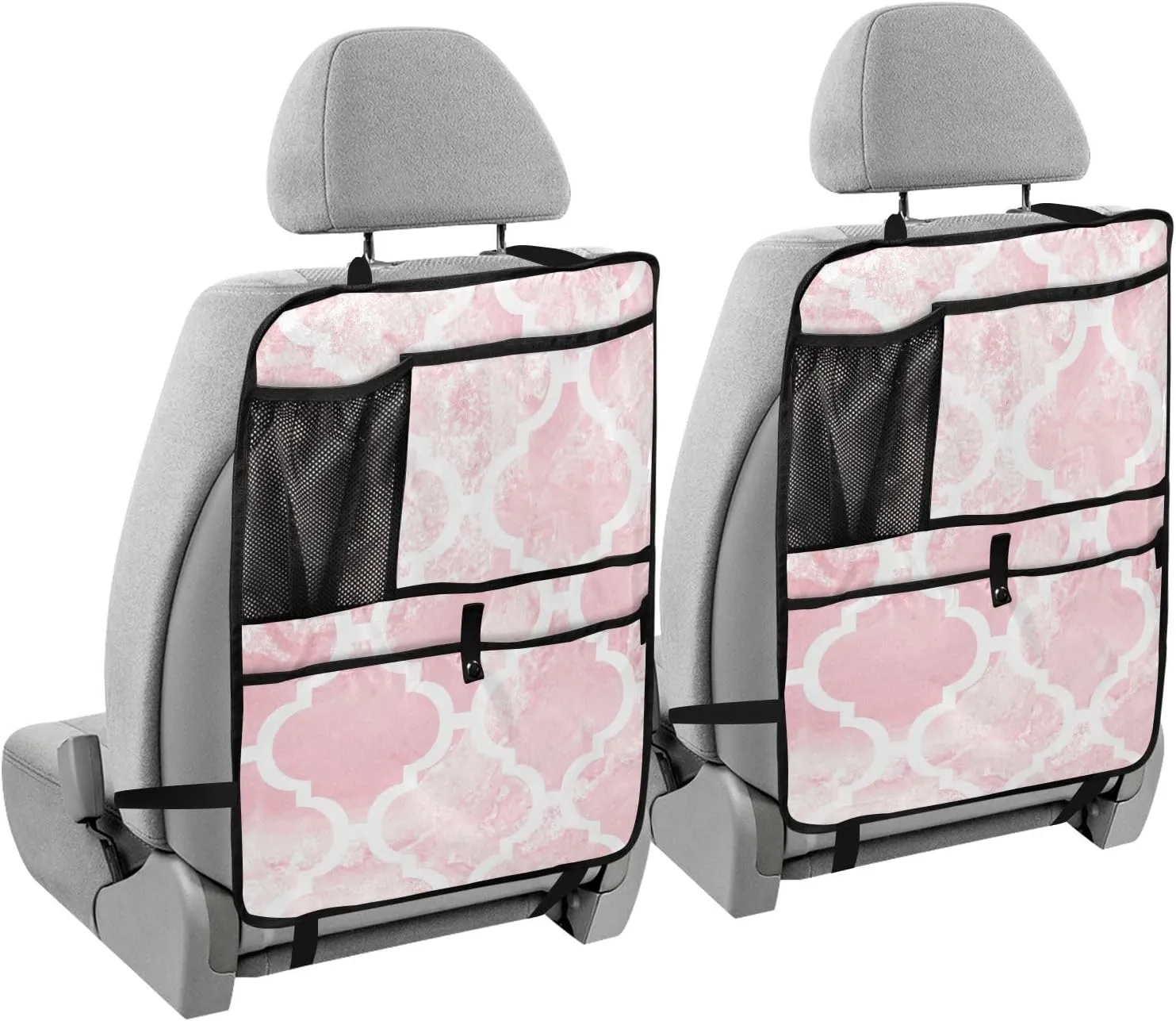 1 PC Automotive Seat Back Protectors, Car Backseat Kick Mats Organizer Tablet Cup Storage Holder Multi-Pocket Accessories Marble Moroccan Tiles Seamless Geometric Pattern White Lines