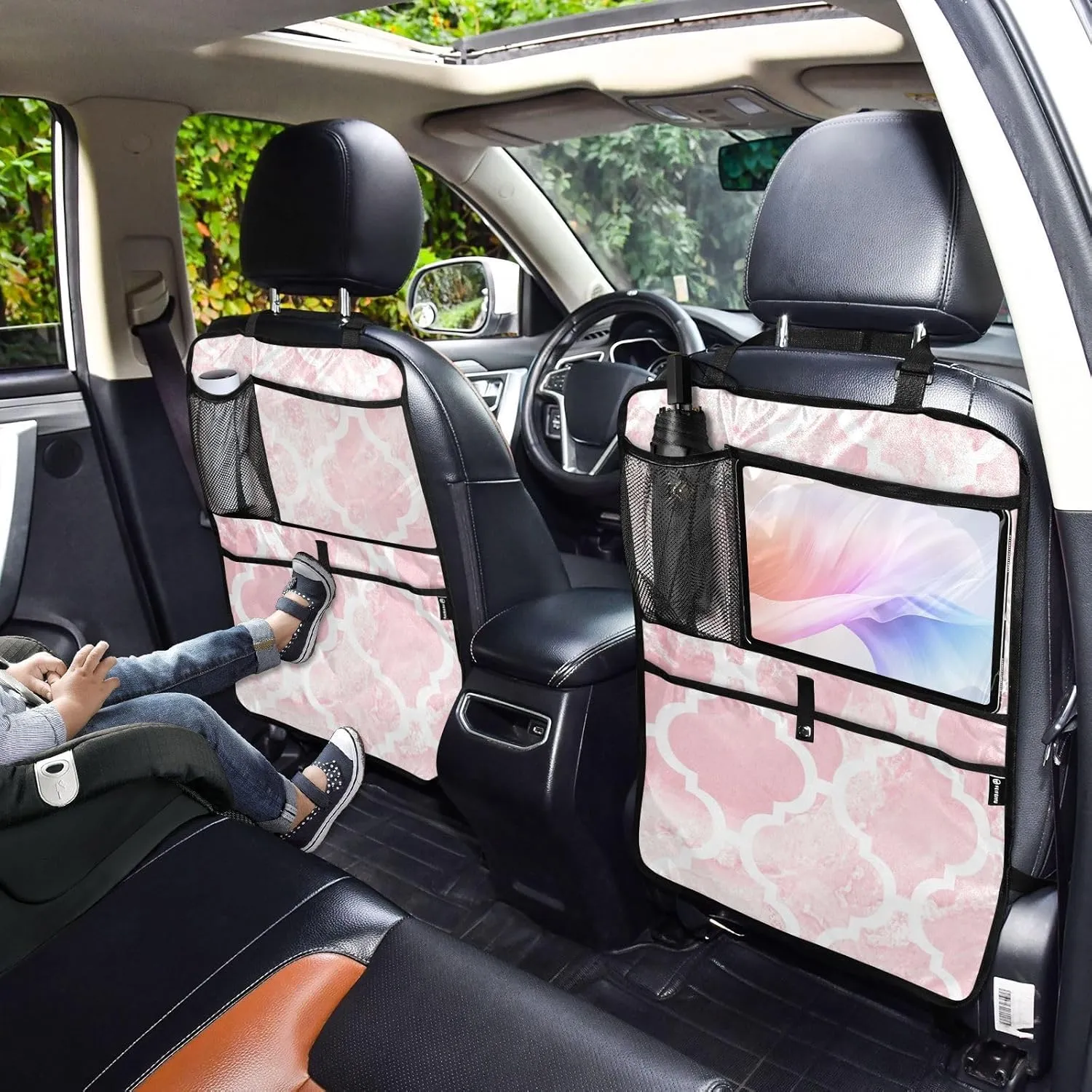 1 PC Automotive Seat Back Protectors, Car Backseat Kick Mats Organizer Tablet Cup Storage Holder Multi-Pocket Accessories Marble Moroccan Tiles Seamless Geometric Pattern White Lines