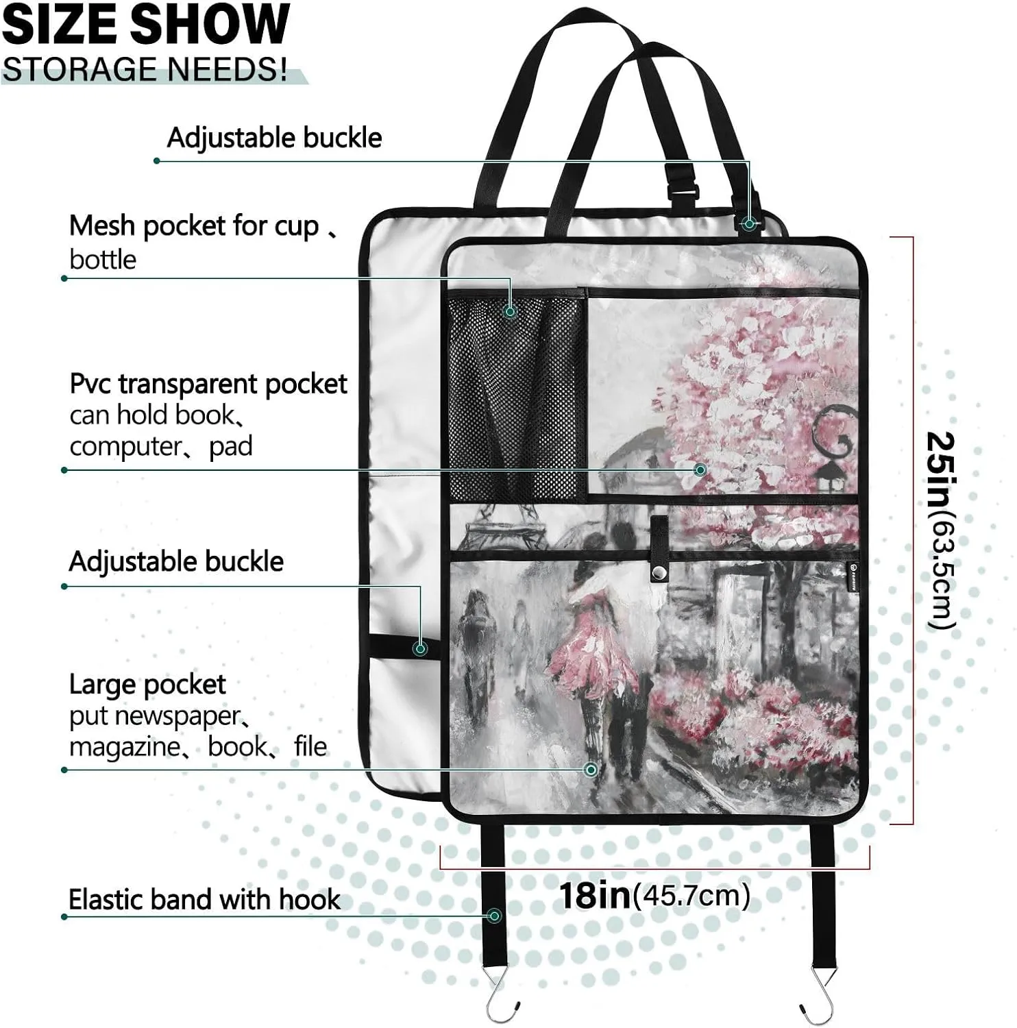 1 PC Automotive Seat Back Protectors, Car Backseat Kick Mats Organizer Tablet Cup Storage Holder Multi-Pocket Accessories Paris Street Pink Cherry Blossom Flowers Eiffel Tower