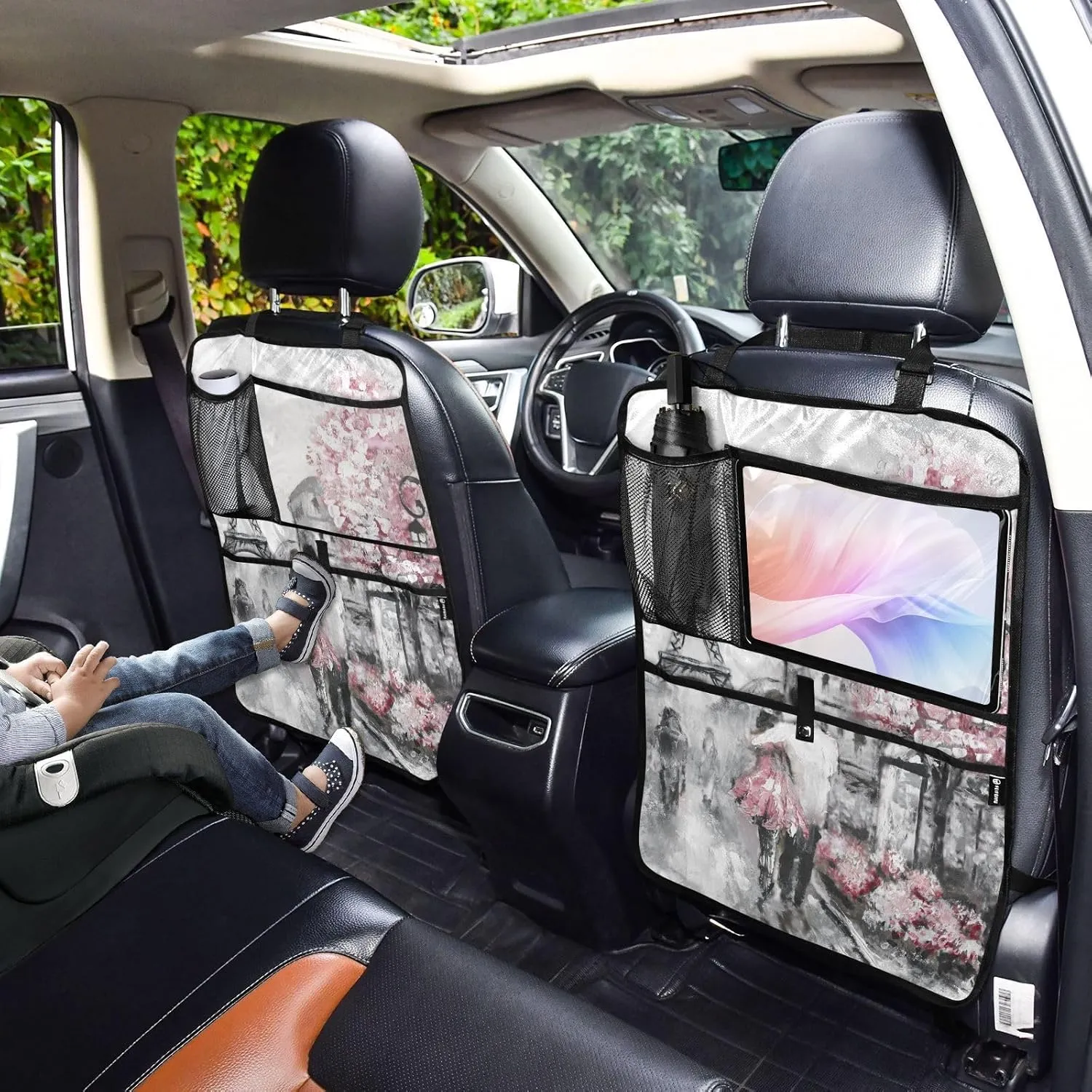 1 PC Automotive Seat Back Protectors, Car Backseat Kick Mats Organizer Tablet Cup Storage Holder Multi-Pocket Accessories Paris Street Pink Cherry Blossom Flowers Eiffel Tower