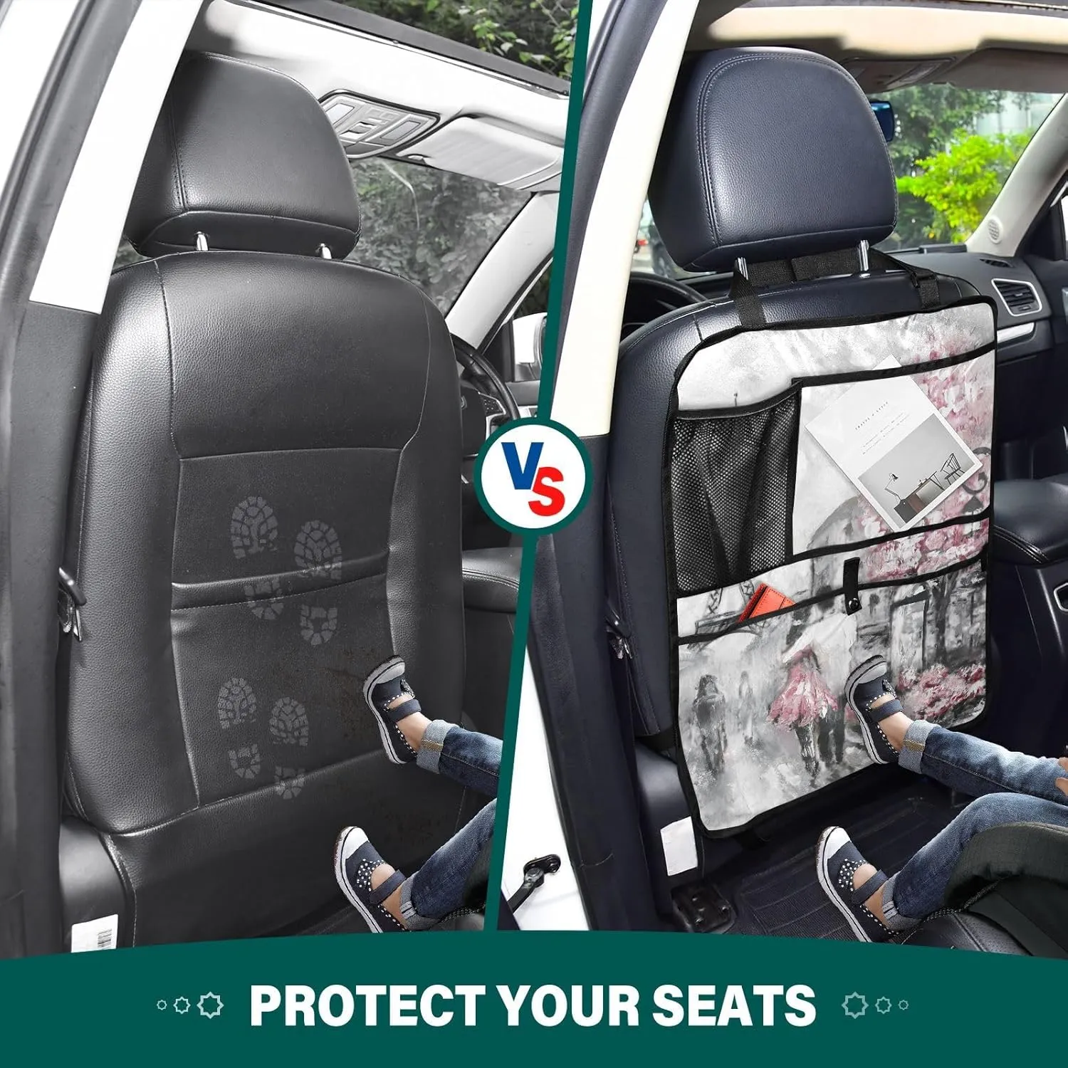 1 PC Automotive Seat Back Protectors, Car Backseat Kick Mats Organizer Tablet Cup Storage Holder Multi-Pocket Accessories Paris Street Pink Cherry Blossom Flowers Eiffel Tower