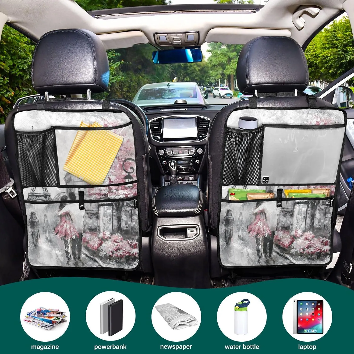 1 PC Automotive Seat Back Protectors, Car Backseat Kick Mats Organizer Tablet Cup Storage Holder Multi-Pocket Accessories Paris Street Pink Cherry Blossom Flowers Eiffel Tower