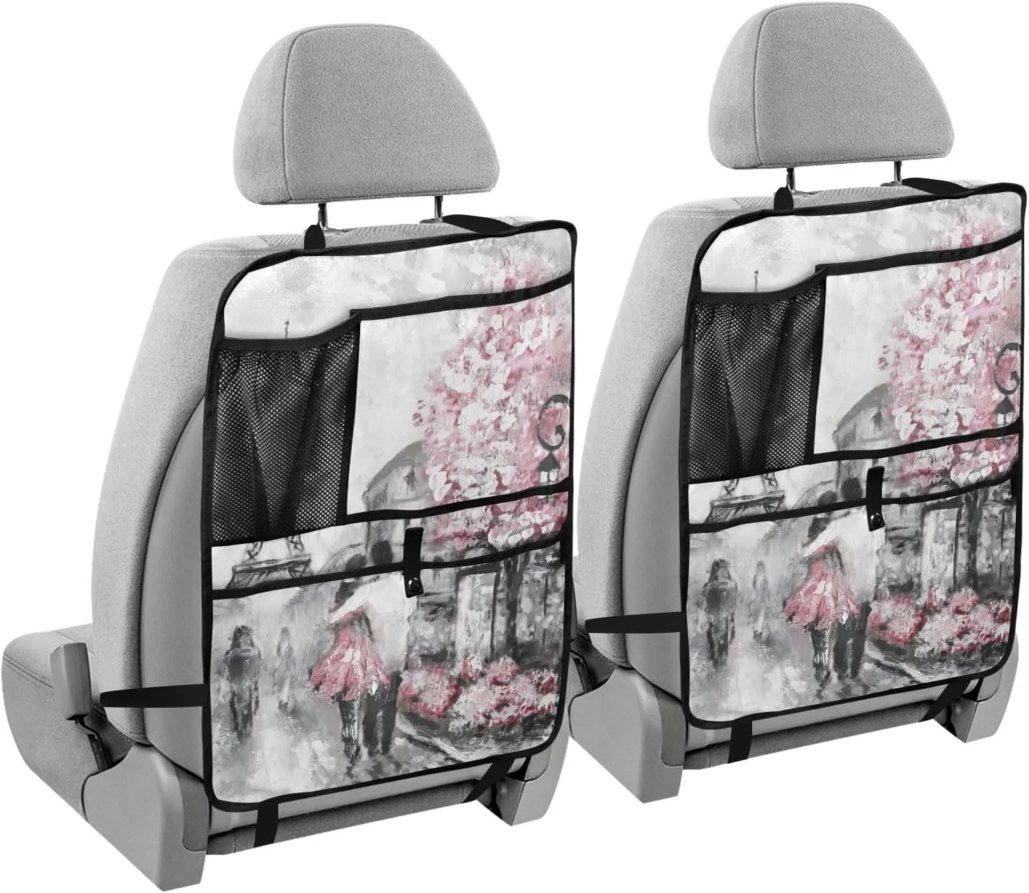 1 PC Automotive Seat Back Protectors, Car Backseat Kick Mats Organizer Tablet Cup Storage Holder Multi-Pocket Accessories Paris Street Pink Cherry Blossom Flowers Eiffel Tower