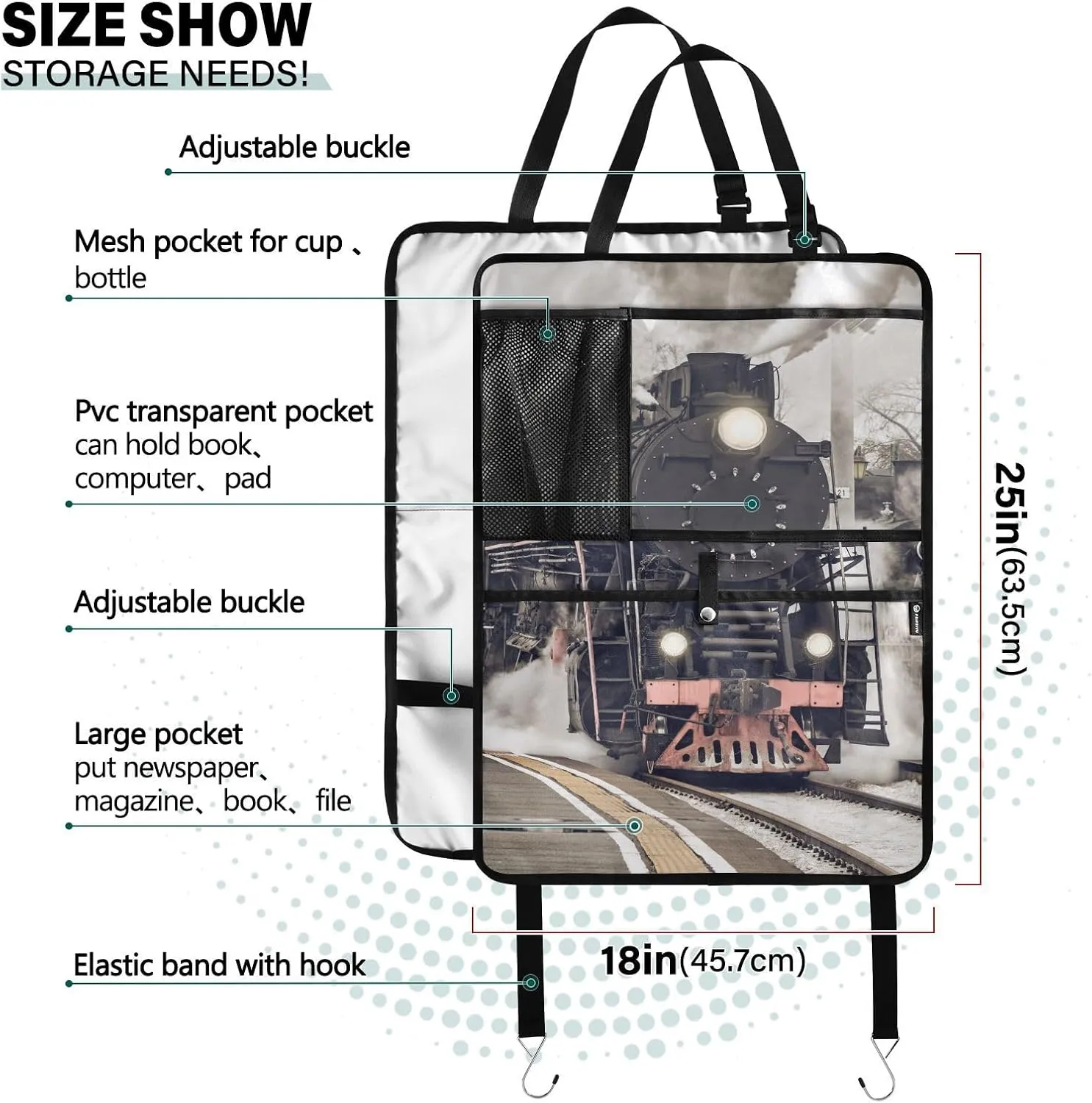 1 PC Automotive Seat Back Protectors, Car Backseat Kick Mats Organizer Tablet Cup Storage Holder Multi-Pocket Accessories Retro Steam Train Departs From the Station with Smoke