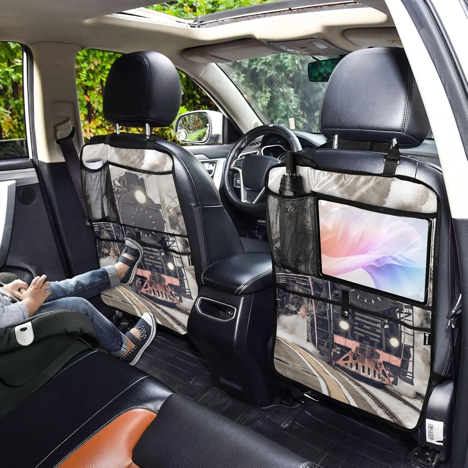 1 PC Automotive Seat Back Protectors, Car Backseat Kick Mats Organizer Tablet Cup Storage Holder Multi-Pocket Accessories Retro Steam Train Departs From the Station with Smoke