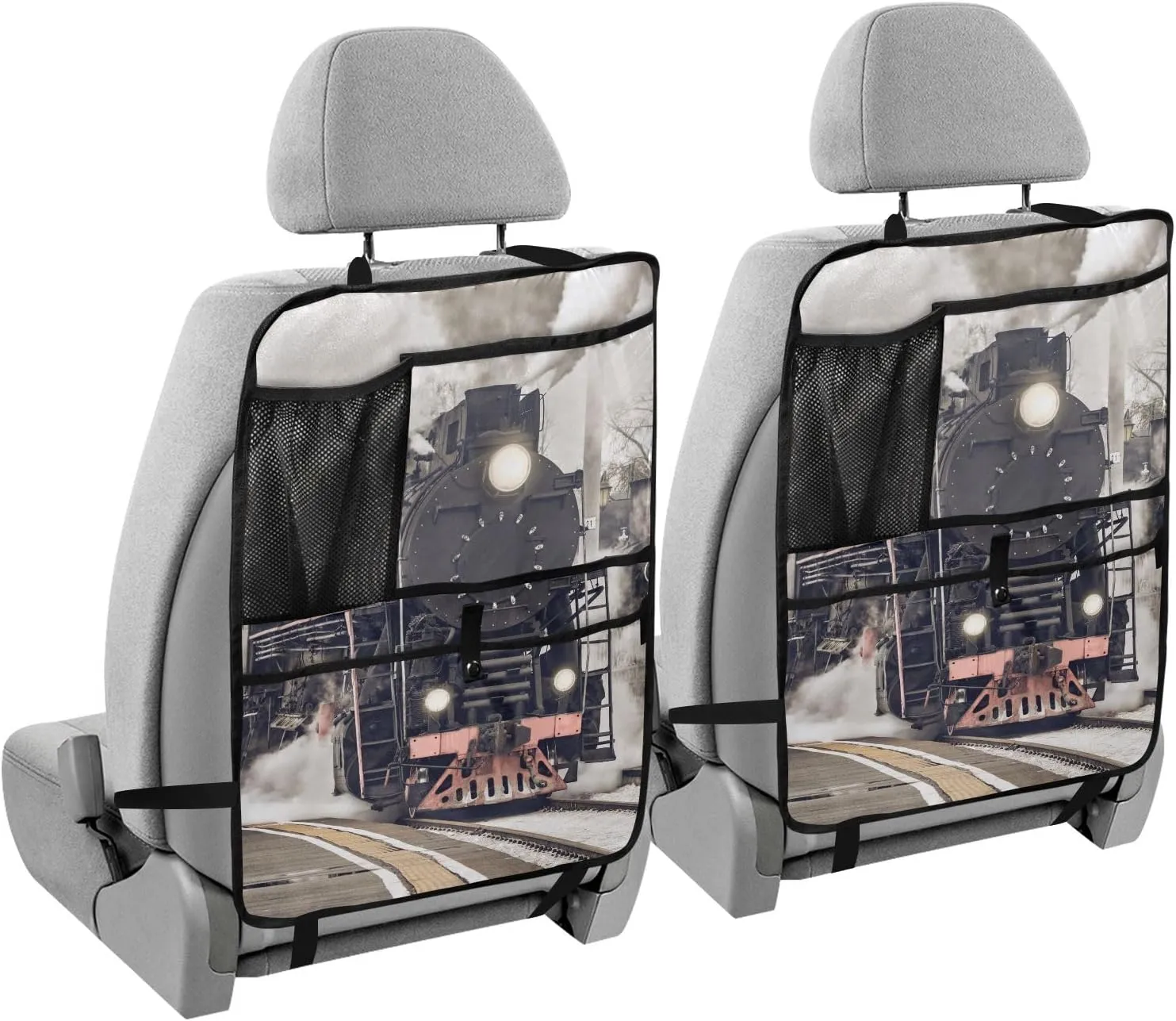 1 PC Automotive Seat Back Protectors, Car Backseat Kick Mats Organizer Tablet Cup Storage Holder Multi-Pocket Accessories Retro Steam Train Departs From the Station with Smoke