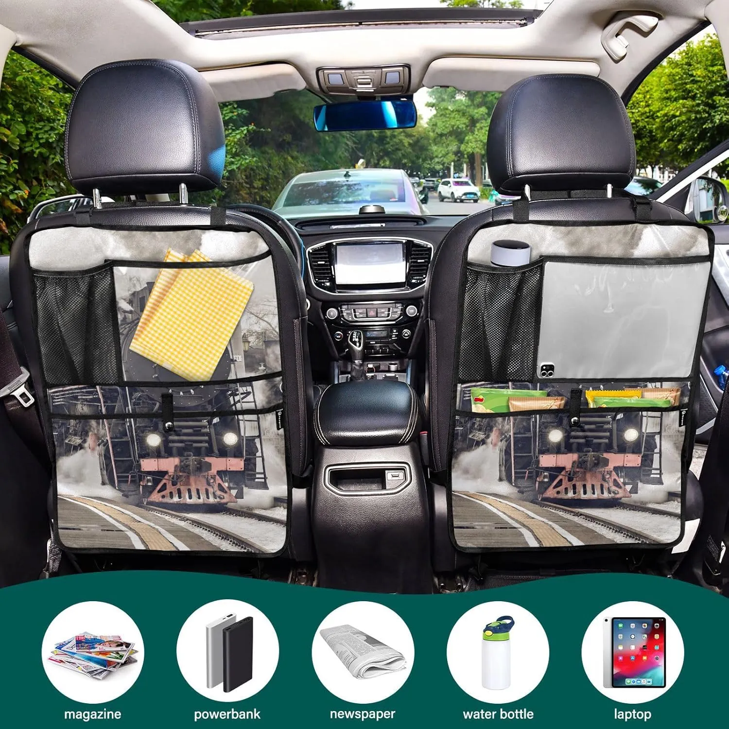 1 PC Automotive Seat Back Protectors, Car Backseat Kick Mats Organizer Tablet Cup Storage Holder Multi-Pocket Accessories Retro Steam Train Departs From the Station with Smoke