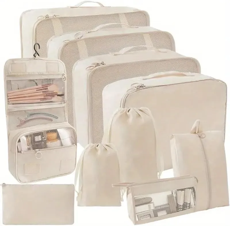10-Piece Beige Packing Cubes for Suitcases - Essential Luggage Organizers for Travel Bags, Perfect for Men and Women