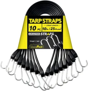 10'' Rubber Bungee Cords Heavy Duty Outdoor with 18" Max Stretch & Over 176 lbs Load, 100% EPDM Black Bungee Straps with Crimped S Hooks for Cargo, Tarps, Truck, Motorcycle, Weatherproof (10 Pack)