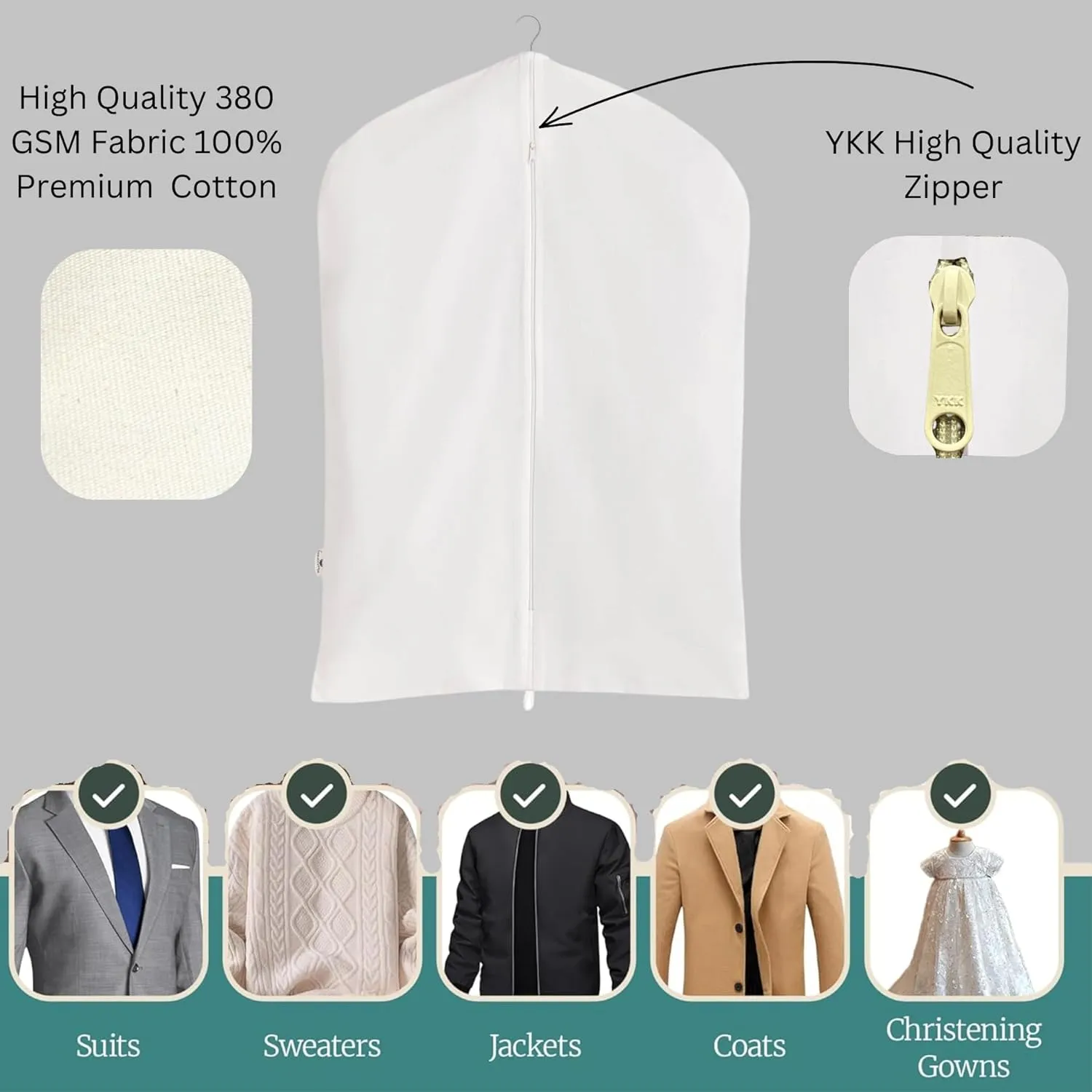 100% Cotton Canvas Garment Cover for Suits, Coats, Dresses; Travel Bag (X-Large (24"x60"), Off-White)