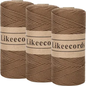 100% Cotton Crochet Yarn for Bag,3 Rolls/Pack 2mm x 510m,Macrame Cord,Chunky Yarn for Crocheting Handbag, Purse,Blankets Crafts Projects (Brown)