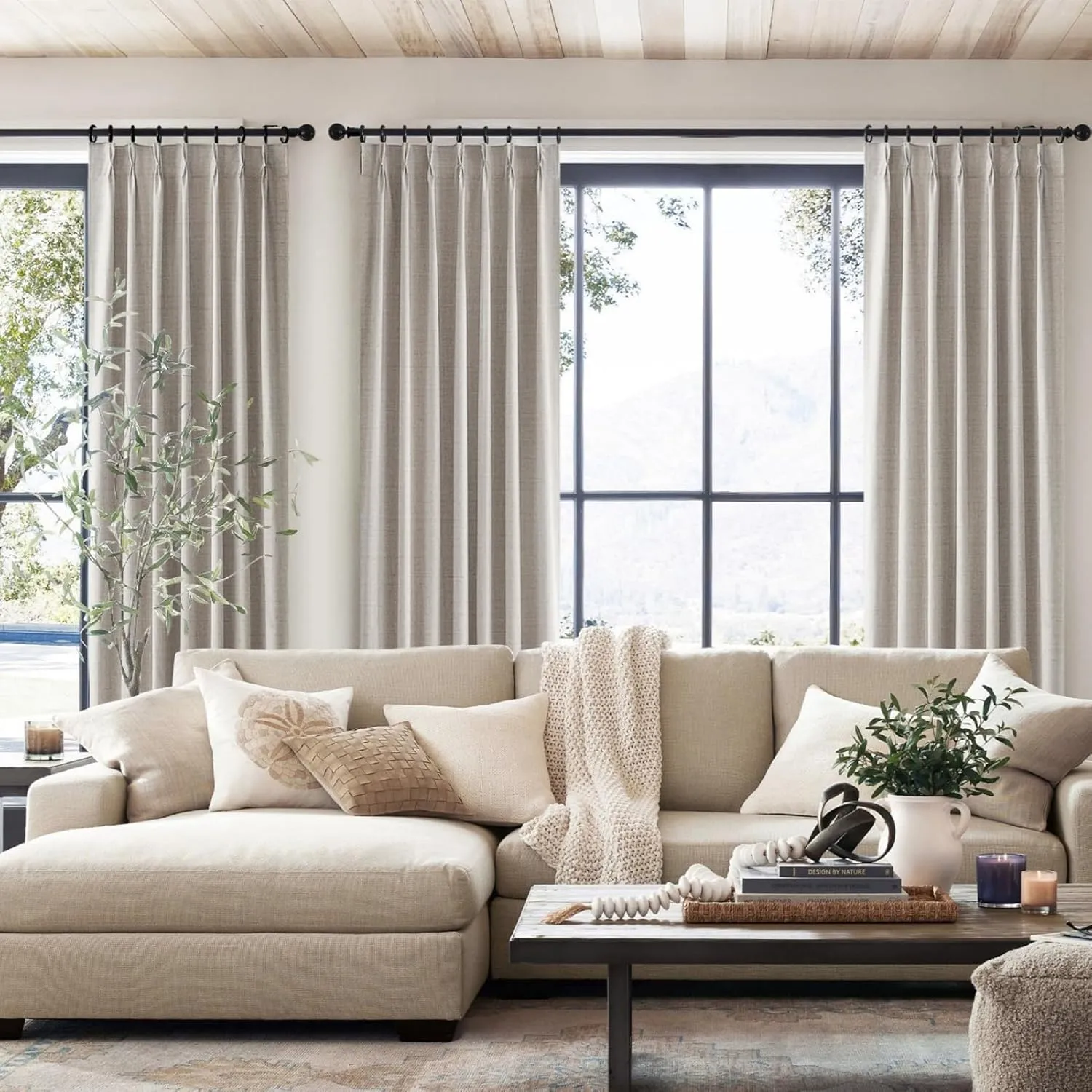 100 Inch Curtains Cabin & Drapes Window Coverings Linen Custom Blackout Curtains (Each 40x2 Panel 80 Widex100 Tall Natural Birch) Double Pinch Pleated Sliding Door Curtains for Patio