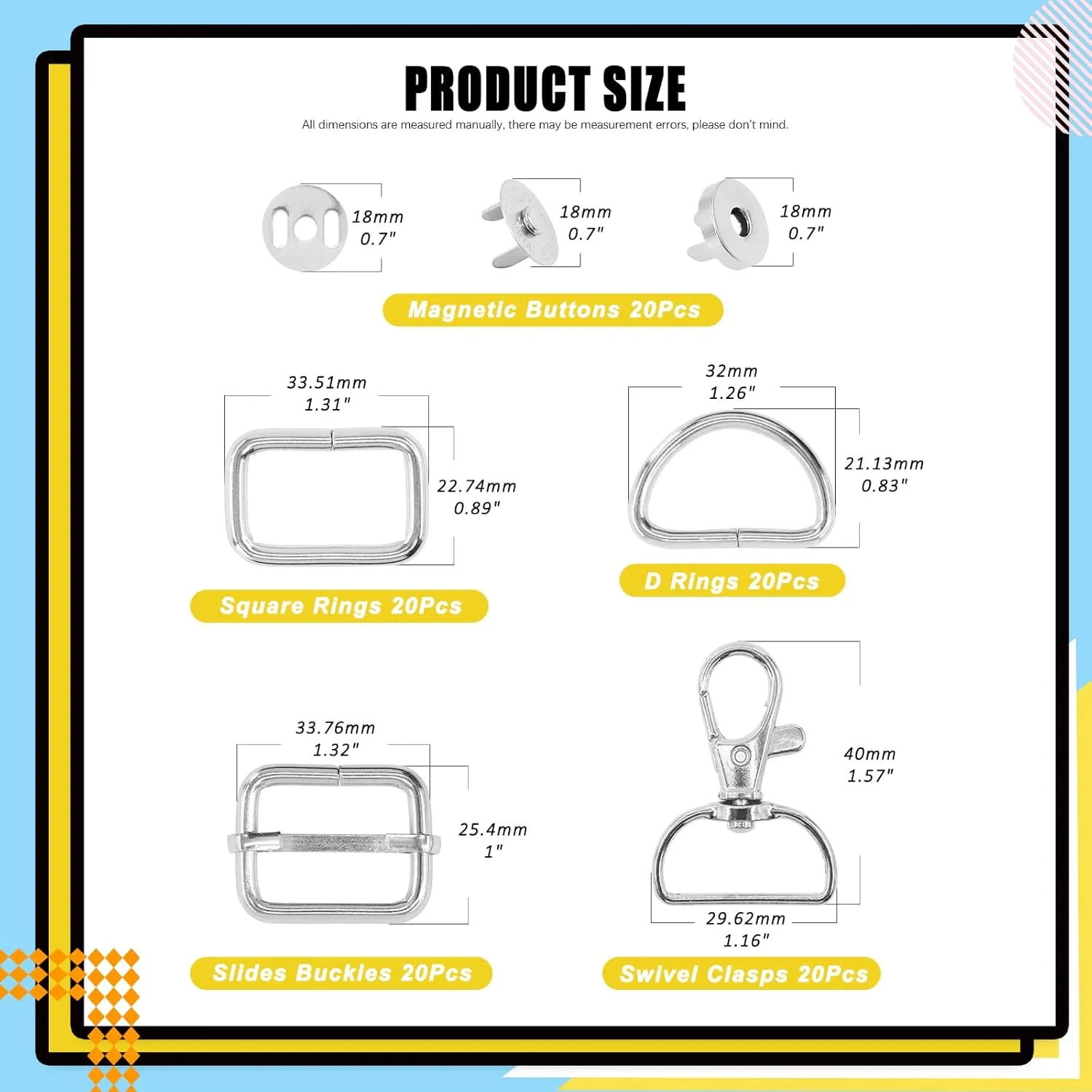 100 PCS 3 Colors Hardware Buckles Kit including D-Ring, Triangle Slide Square Rings Magnetic Snap Swivel Clasp Hooks