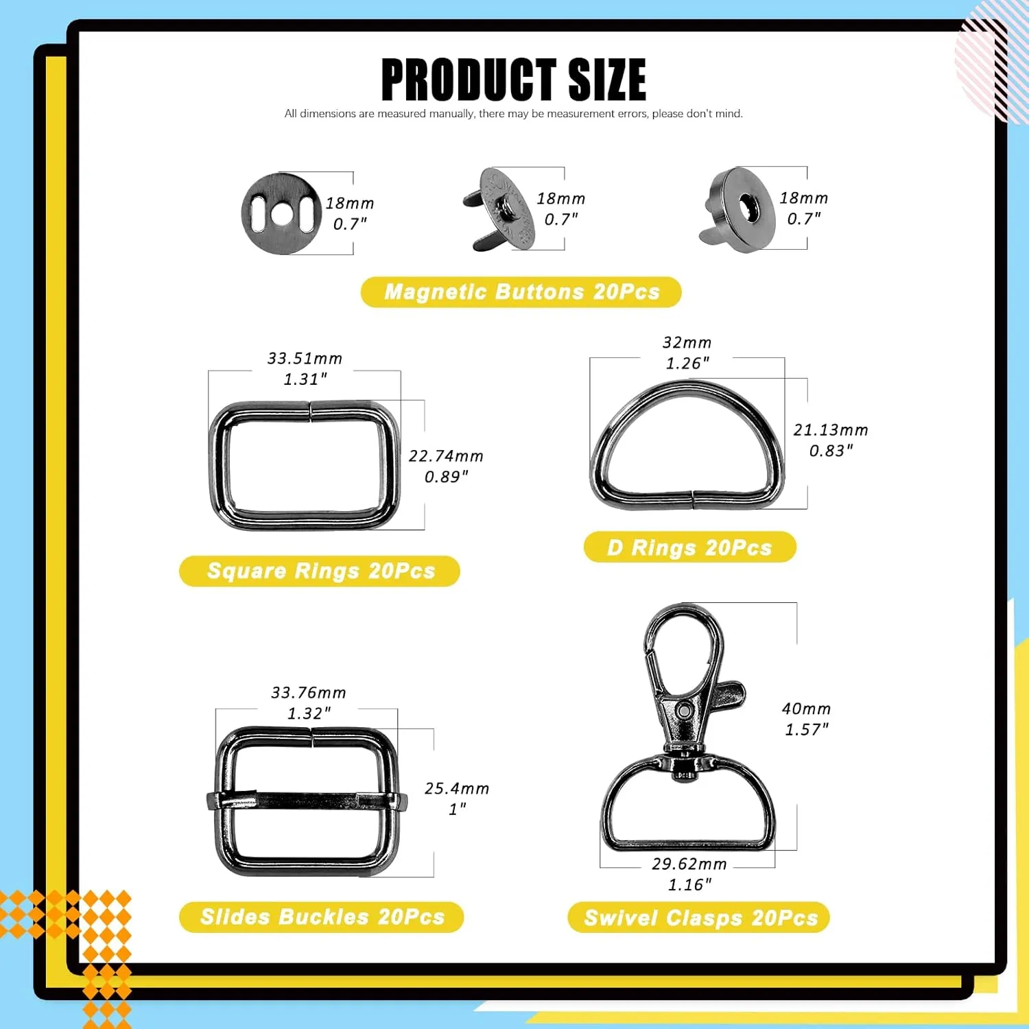 100 PCS 3 Colors Hardware Buckles Kit including D-Ring, Triangle Slide Square Rings Magnetic Snap Swivel Clasp Hooks