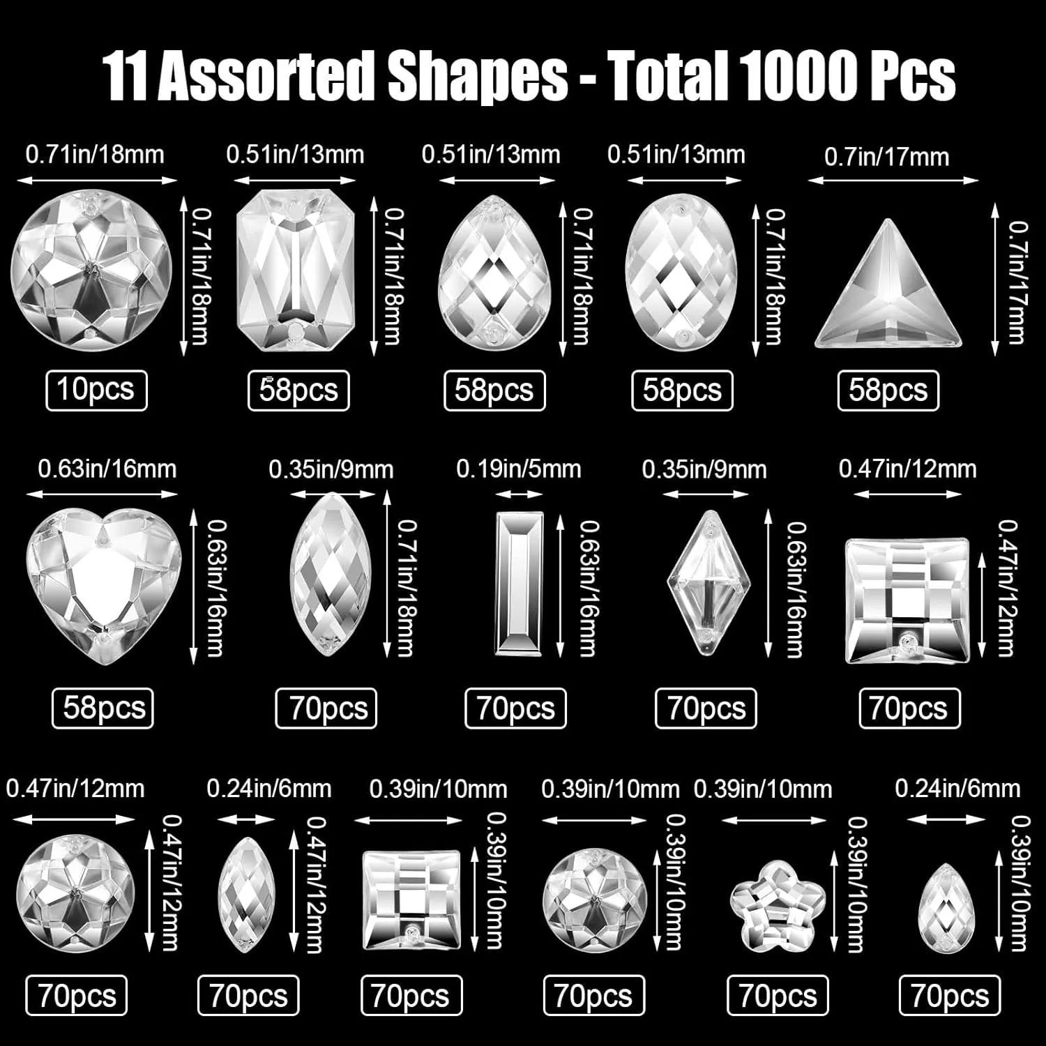 1000 Pieces Sew on Crystal Rhinestones Large Big Sewing Gems Jewels Acrylic Mixed Shapes Rhinestones with Sewing Holes for Clothes DIY Crafts Costume Garment Shoes (White)