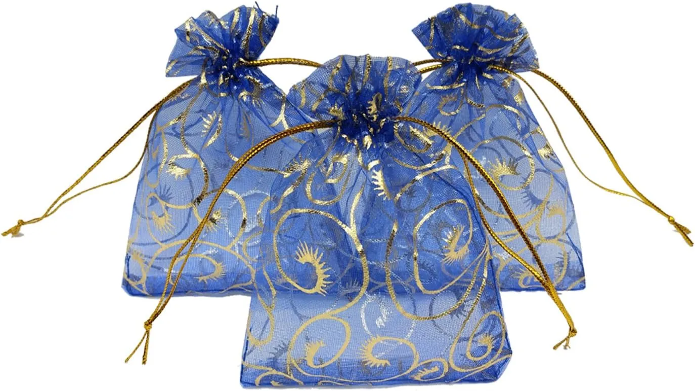 100pcs Sheer Organza Bag Eyelash Print Wedding Favor Bags 3.5x4.5'' Luxury Jewelry Candy Gift Card Bags with Gold Line Drawstring Pouches (Blue)