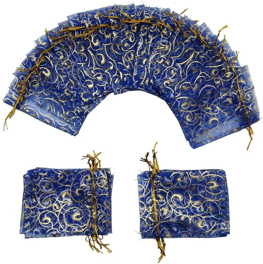 100pcs Sheer Organza Bag Eyelash Print Wedding Favor Bags 3.5x4.5'' Luxury Jewelry Candy Gift Card Bags with Gold Line Drawstring Pouches (Blue)