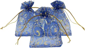100pcs Sheer Organza Bag Eyelash Print Wedding Favor Bags 3.5x4.5'' Luxury Jewelry Candy Gift Card Bags with Gold Line Drawstring Pouches (Blue)
