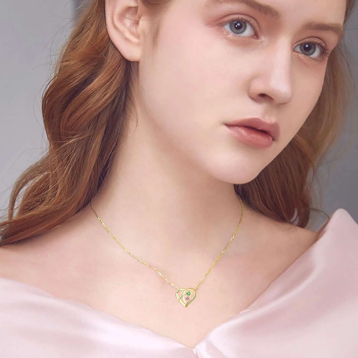 10K/14K/18K Gold Personalized Mom Necklace with 1-4 Birthstones Custom Name Heart Necklace Engraved Names for Mom Wife