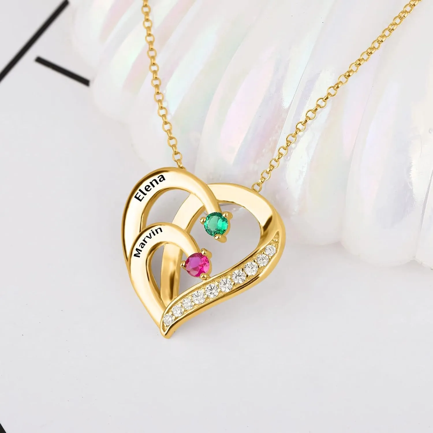 10K/14K/18K Gold Personalized Mom Necklace with 1-4 Birthstones Custom Name Heart Necklace Engraved Names for Mom Wife