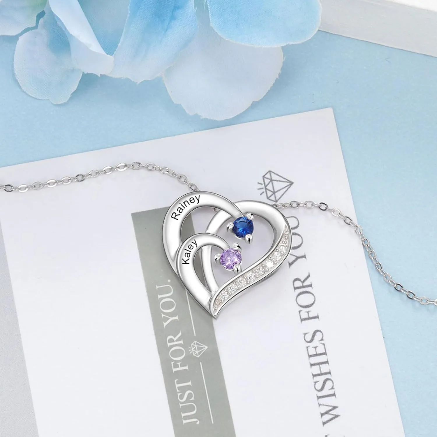 10K/14K/18K Gold Personalized Mom Necklace with 1-4 Birthstones Custom Name Heart Necklace Engraved Names for Mom Wife