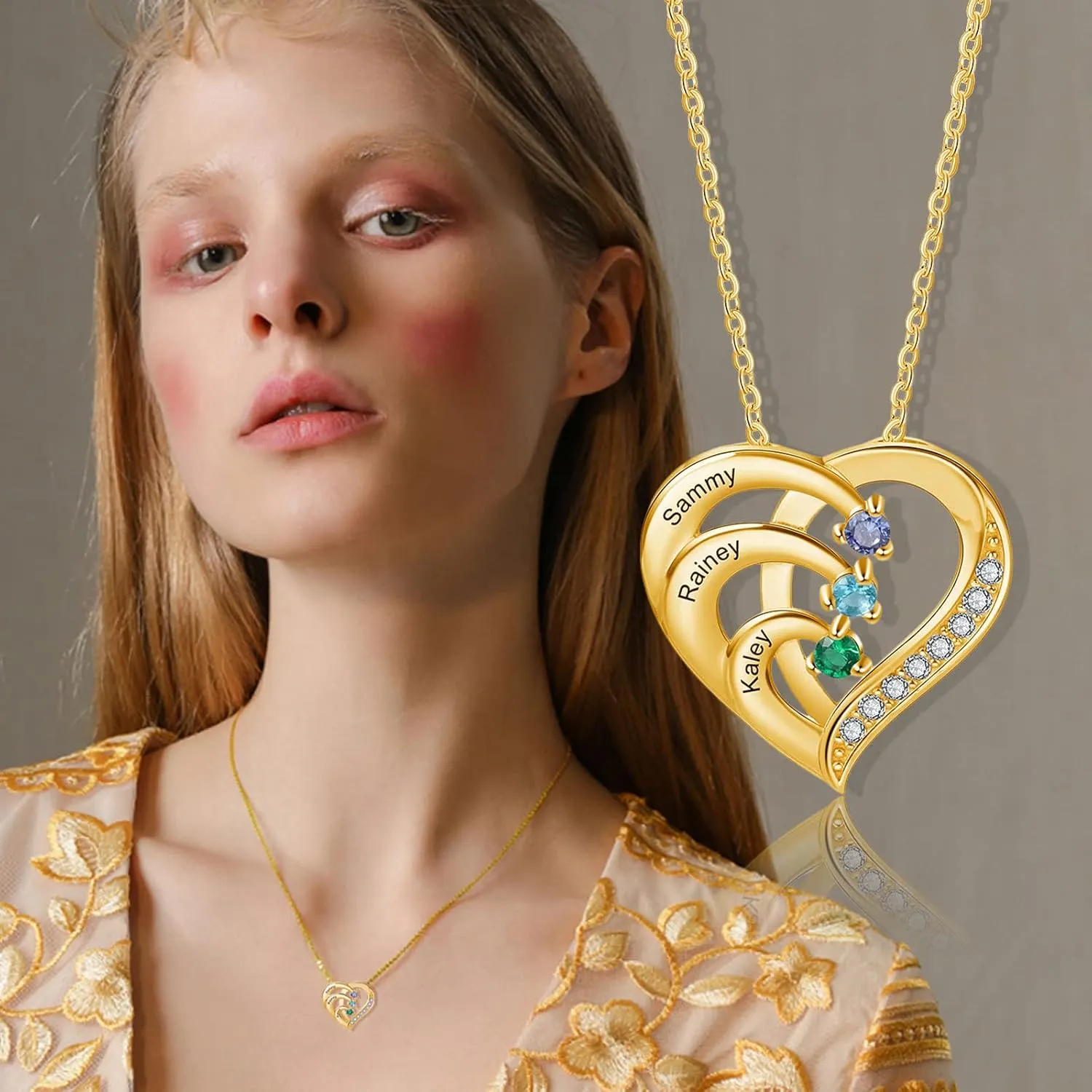 10K/14K/18K Gold Personalized Mom Necklace with 1-4 Birthstones Custom Name Heart Necklace Engraved Names for Mom Wife