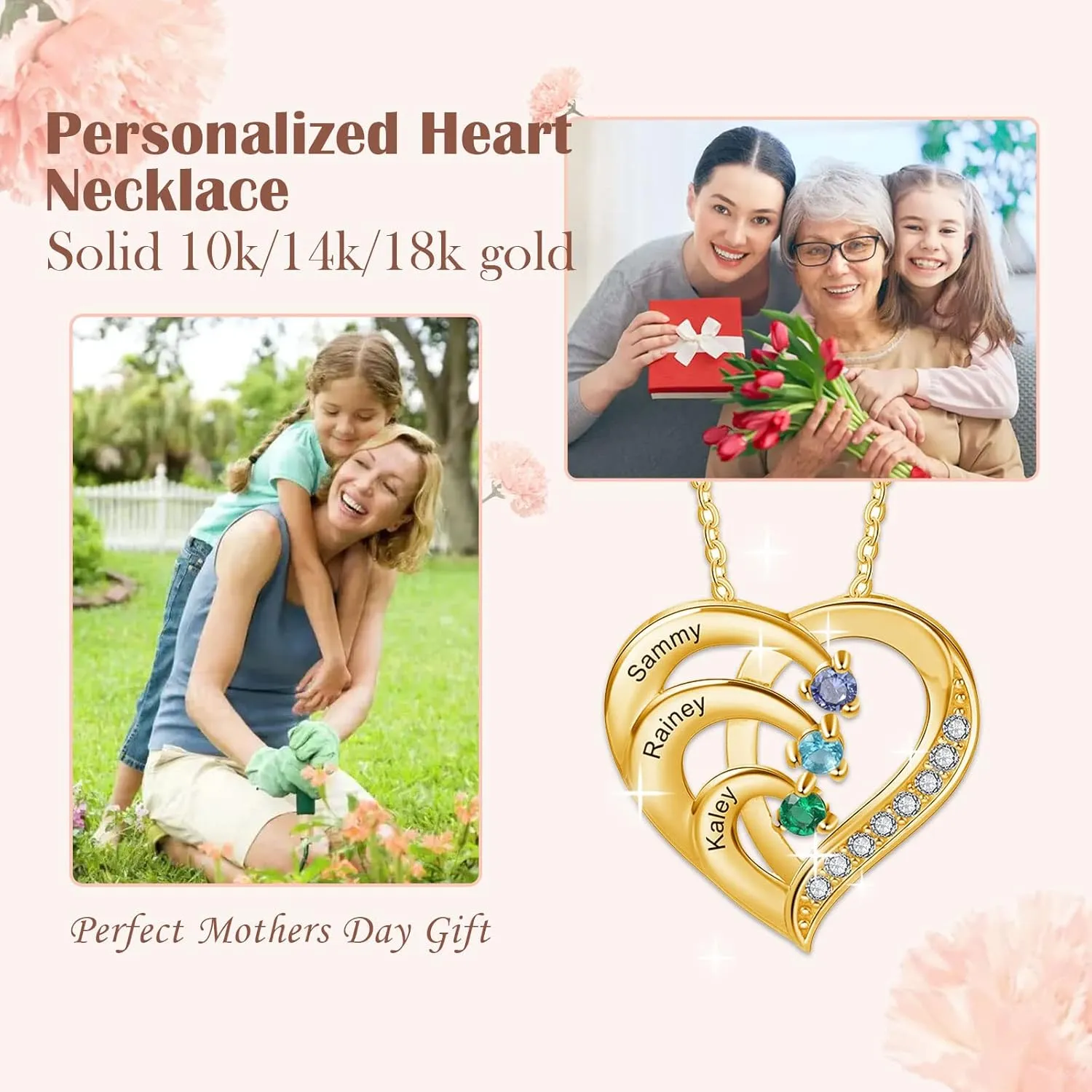 10K/14K/18K Gold Personalized Mom Necklace with 1-4 Birthstones Custom Name Heart Necklace Engraved Names for Mom Wife