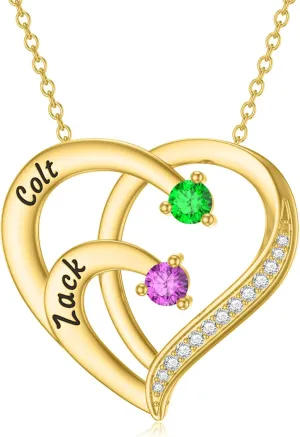 10K/14K/18K Gold Personalized Mom Necklace with 1-4 Birthstones Custom Name Heart Necklace Engraved Names for Mom Wife
