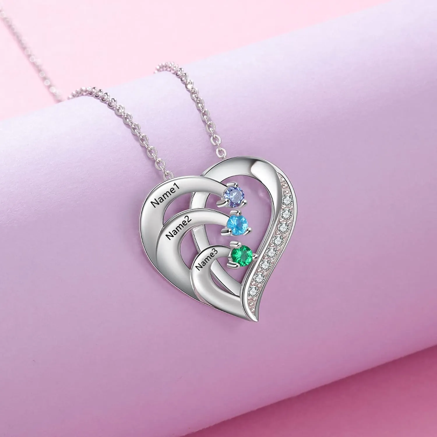 10K/14K/18K Gold Personalized Mom Necklace with 1-4 Birthstones Custom Name Heart Necklace Engraved Names for Mom Wife
