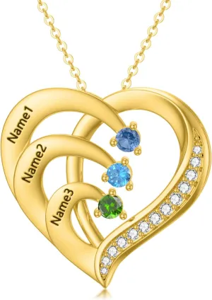 10K/14K/18K Gold Personalized Mom Necklace with 1-4 Birthstones Custom Name Heart Necklace Engraved Names for Mom Wife