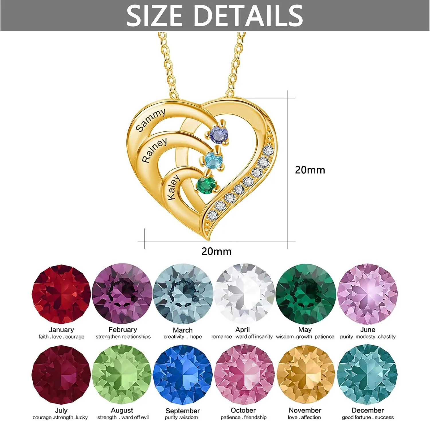 10K/14K/18K Gold Personalized Mom Necklace with 1-4 Birthstones Custom Name Heart Necklace Engraved Names for Mom Wife