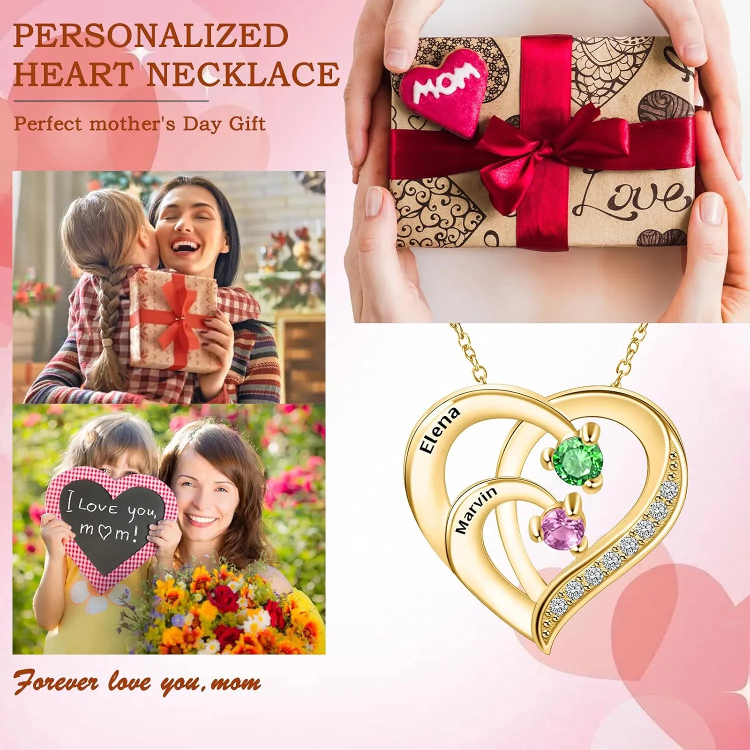 10K/14K/18K Gold Personalized Mom Necklace with 1-4 Birthstones Custom Name Heart Necklace Engraved Names for Mom Wife