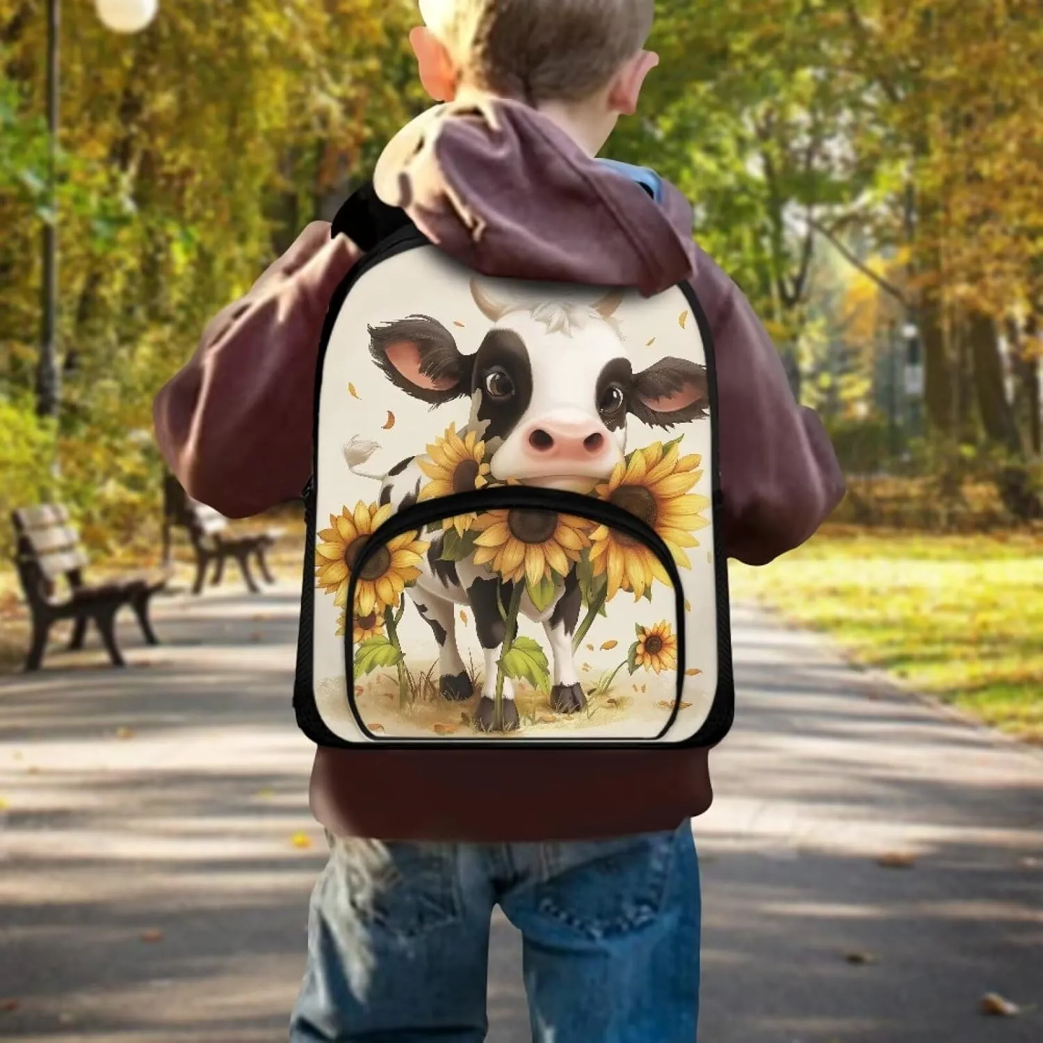 12'' Kids Mini Backpack Preschool Shoulder Bag for Little Boys Girls, Casual Travel Bookbag Kindergarten Elementary Daypack School Season Gifts Backpacks, Cartoon Cow Sunflowers