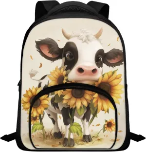 12'' Kids Mini Backpack Preschool Shoulder Bag for Little Boys Girls, Casual Travel Bookbag Kindergarten Elementary Daypack School Season Gifts Backpacks, Cartoon Cow Sunflowers