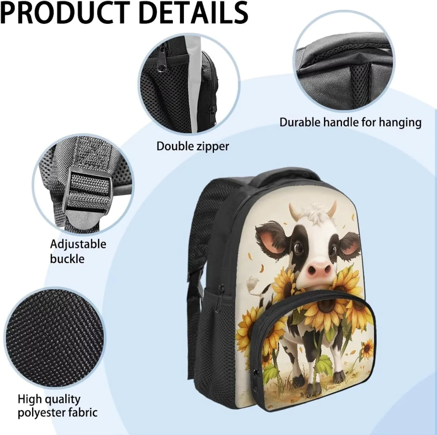12'' Kids Mini Backpack Preschool Shoulder Bag for Little Boys Girls, Casual Travel Bookbag Kindergarten Elementary Daypack School Season Gifts Backpacks, Cartoon Cow Sunflowers