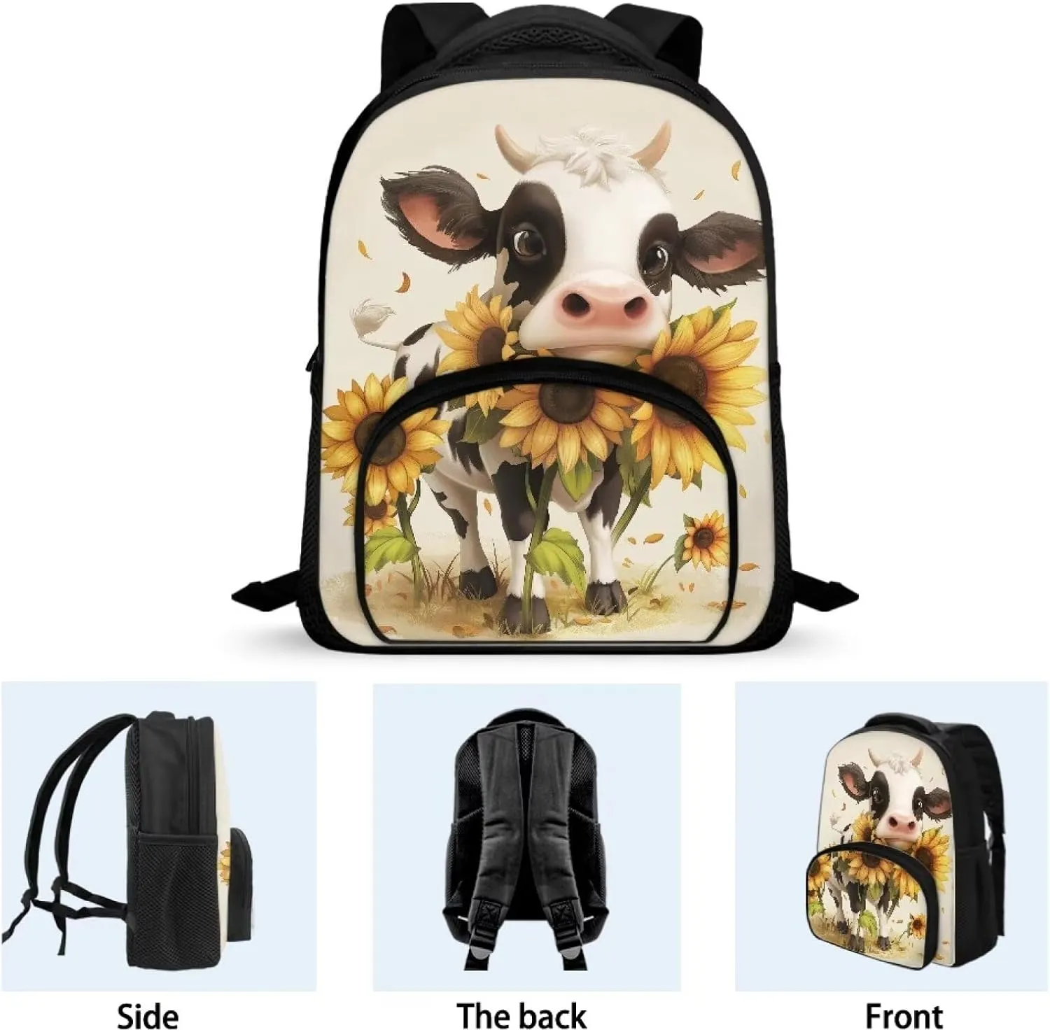 12'' Kids Mini Backpack Preschool Shoulder Bag for Little Boys Girls, Casual Travel Bookbag Kindergarten Elementary Daypack School Season Gifts Backpacks, Cartoon Cow Sunflowers