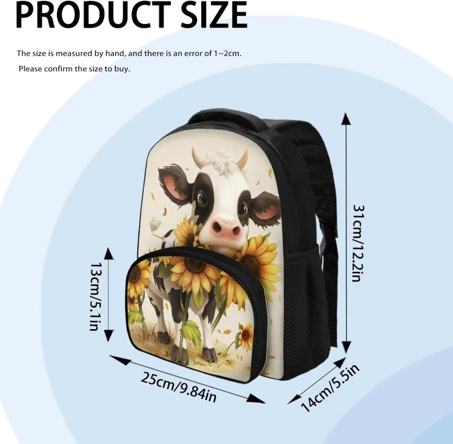 12'' Kids Mini Backpack Preschool Shoulder Bag for Little Boys Girls, Casual Travel Bookbag Kindergarten Elementary Daypack School Season Gifts Backpacks, Cartoon Cow Sunflowers