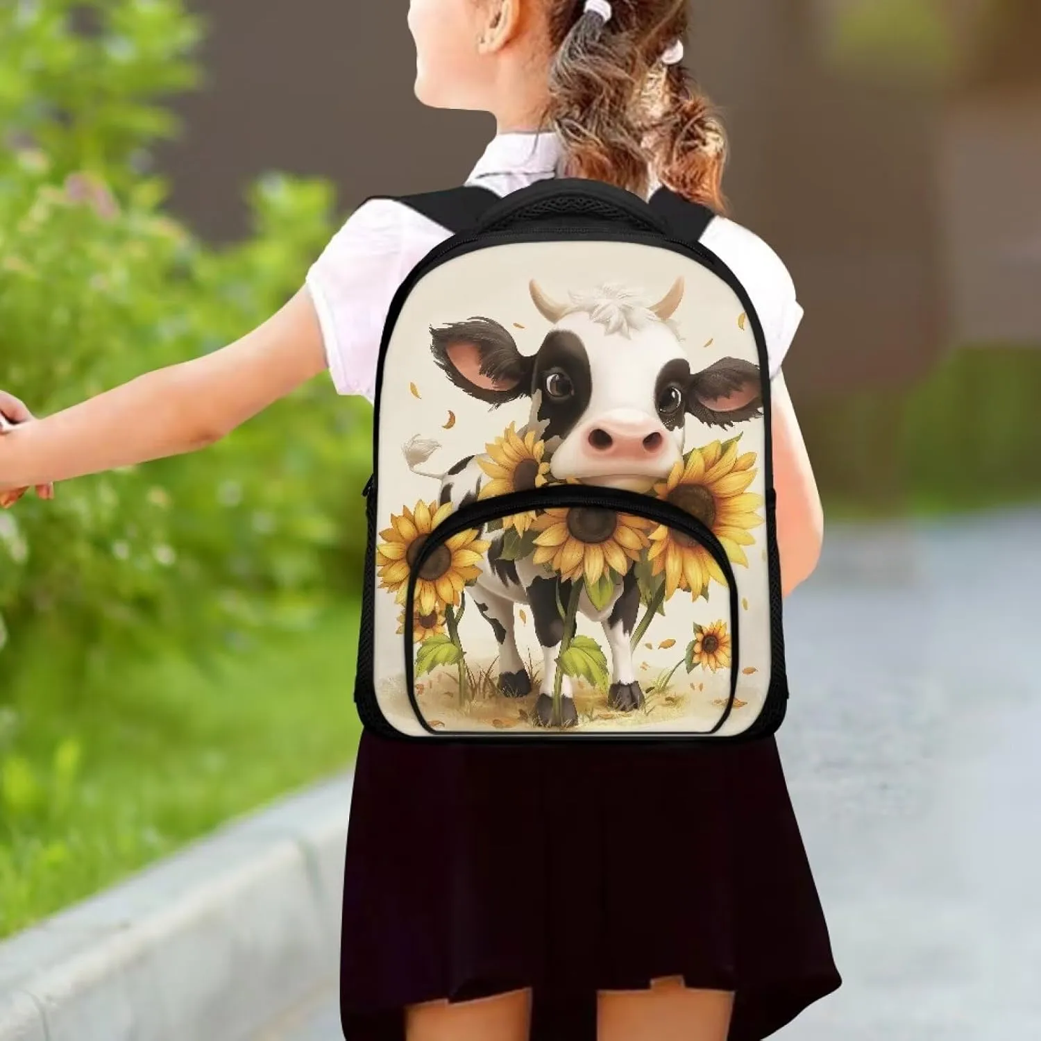 12'' Kids Mini Backpack Preschool Shoulder Bag for Little Boys Girls, Casual Travel Bookbag Kindergarten Elementary Daypack School Season Gifts Backpacks, Cartoon Cow Sunflowers