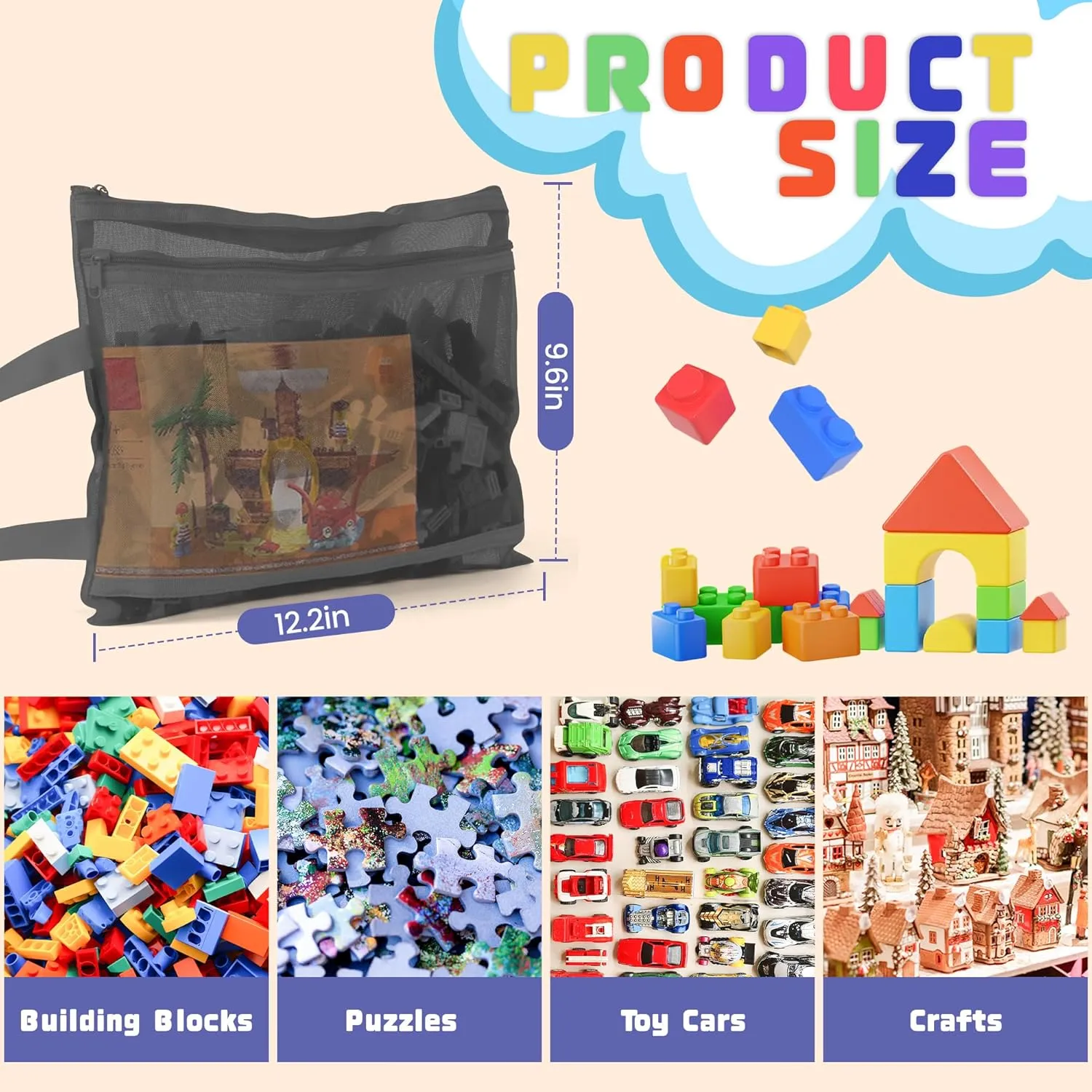 12 Pack Mesh Zipper Pouch Bags, A4 Double-Layer Nylon Handle Breathable Clear Toy Storage Bags with Zipper, Building Blocks Board Puzzles Sets Toy Organizers and Storage for Home Office