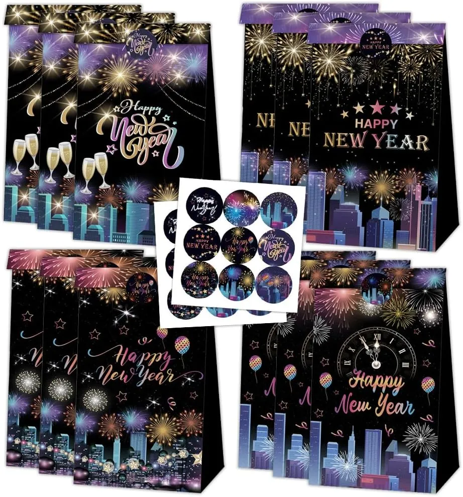 12 PCS New Year Gift Bags with 18 Sticker,2024 Happy New Year Party Favor Bags Fireworks Gift Bags Goody Candy Biscuits Black Treat Bags for Kids Adults Christmas New Years Eve Party Gift Supplies