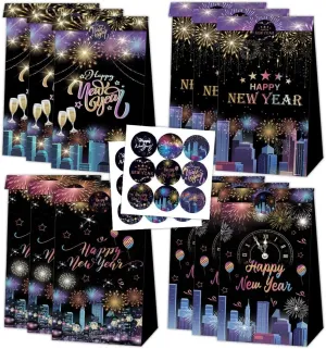 12 PCS New Year Gift Bags with 18 Sticker,2024 Happy New Year Party Favor Bags Fireworks Gift Bags Goody Candy Biscuits Black Treat Bags for Kids Adults Christmas New Years Eve Party Gift Supplies