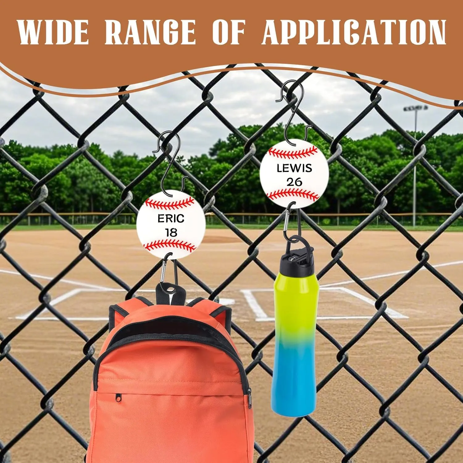 12PCS Softball Bag Fence Hooks, Metal Backpack Hooks with Writable Acrylic Board, Sports Fence Pocket Hook to Hang Baseball Bags, Water Bottles and Hats (White12P)