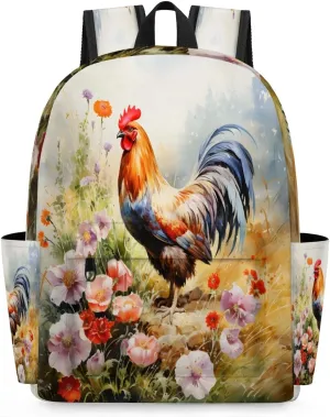 15.1 Inch Casual Backpack Rooster Flowers Small Backpack with Multiple Pocket Waterproof Mini Bags Daypack with Chest Strap Watercolor Chicken Travel Bag