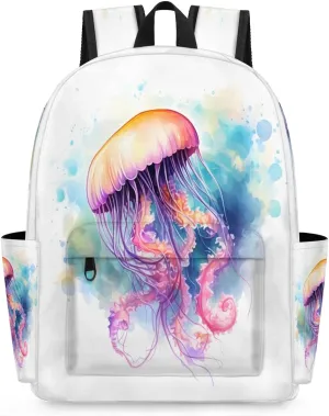 15.1 Inch Casual Backpack Sea Jellyfish Small Backpack with Multiple Pocket Waterproof Mini Bags Daypack with Chest Strap Watercolor Jellyfish Travel Bag