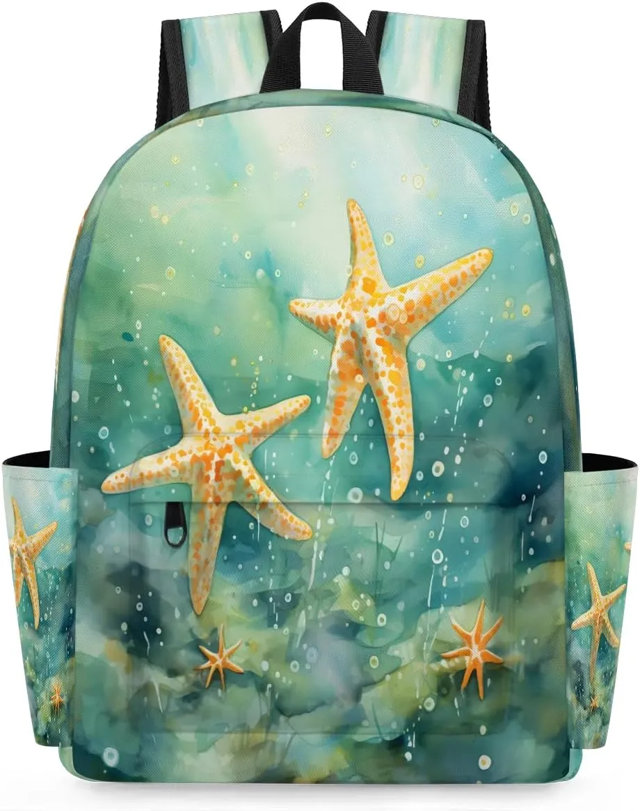 15.1 Inch Casual Backpack Starfish Small Backpack with Multiple Pocket Waterproof Mini Bags Daypack with Chest Strap Abstract Starfishes Travel Bag