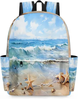 15.1 Inch Casual Backpack Starfishes Small Backpack with Multiple Pocket Waterproof Mini Bags Daypack with Chest Strap Summer Beach Starfish Travel Bag