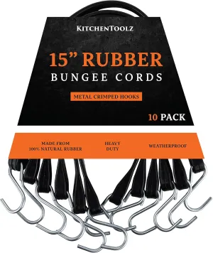 15" Inch 10 Pack Rubber Bungee Cords with Metal Hooks for Flatbed Trucks- Heavy Duty Tarp Tie Down Straps