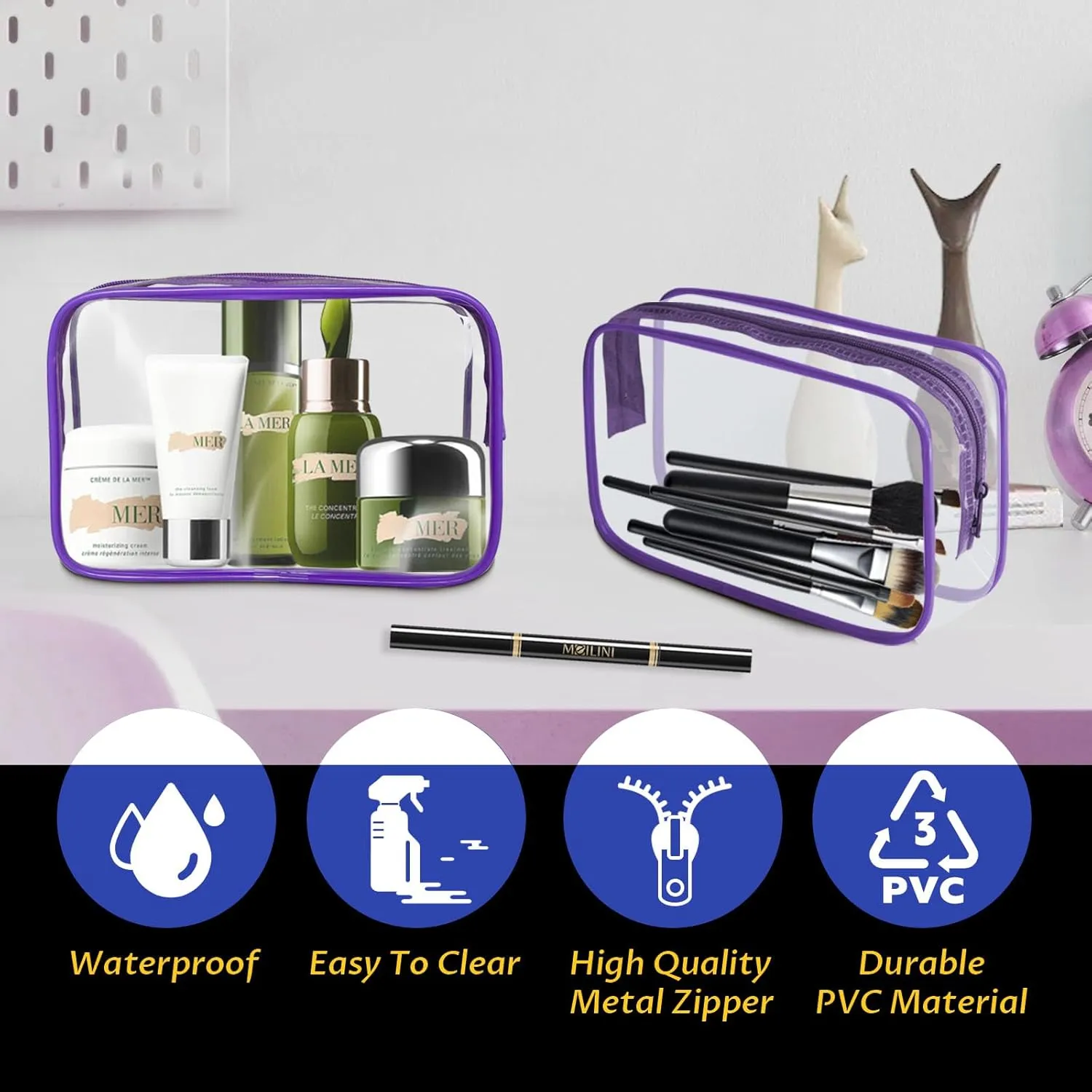 16 Pieces Clear Makeup Bag PVC Zippered Clear Toiletry Carry Pouch Portable Cosmetics Bag Waterproof Makeup Bag Vinyl Plastic Organizer Case for Travel Vacation Bathroom (Purple-M)