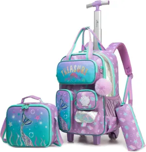 16inch 3 in 1 Kids School Rolling Backpack for Girls With Wheels, Multiple Pockets Trolley Wheeled Backpacks, Travel Bags with Lunch Box